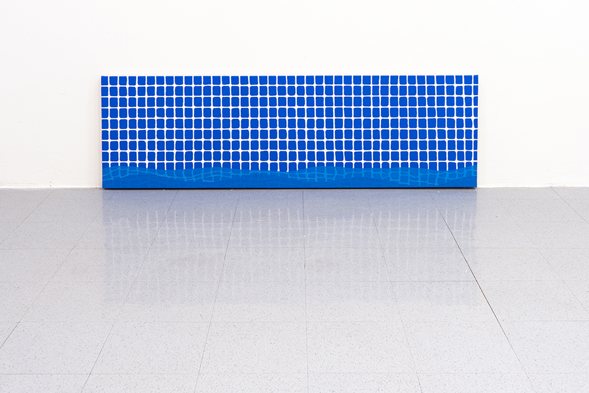 A painting of
            many of small rectangular blue tiles surrounded by white grout.
            At the bottom of the tiles are waves of water, the tiles viewed through
            the water are wavy and distorted. The painting is hung less than 1
            inch above the waxed, grey vinyl-tiled floor. The painting is reflected
            on the floor appearing wavy and disorted.
