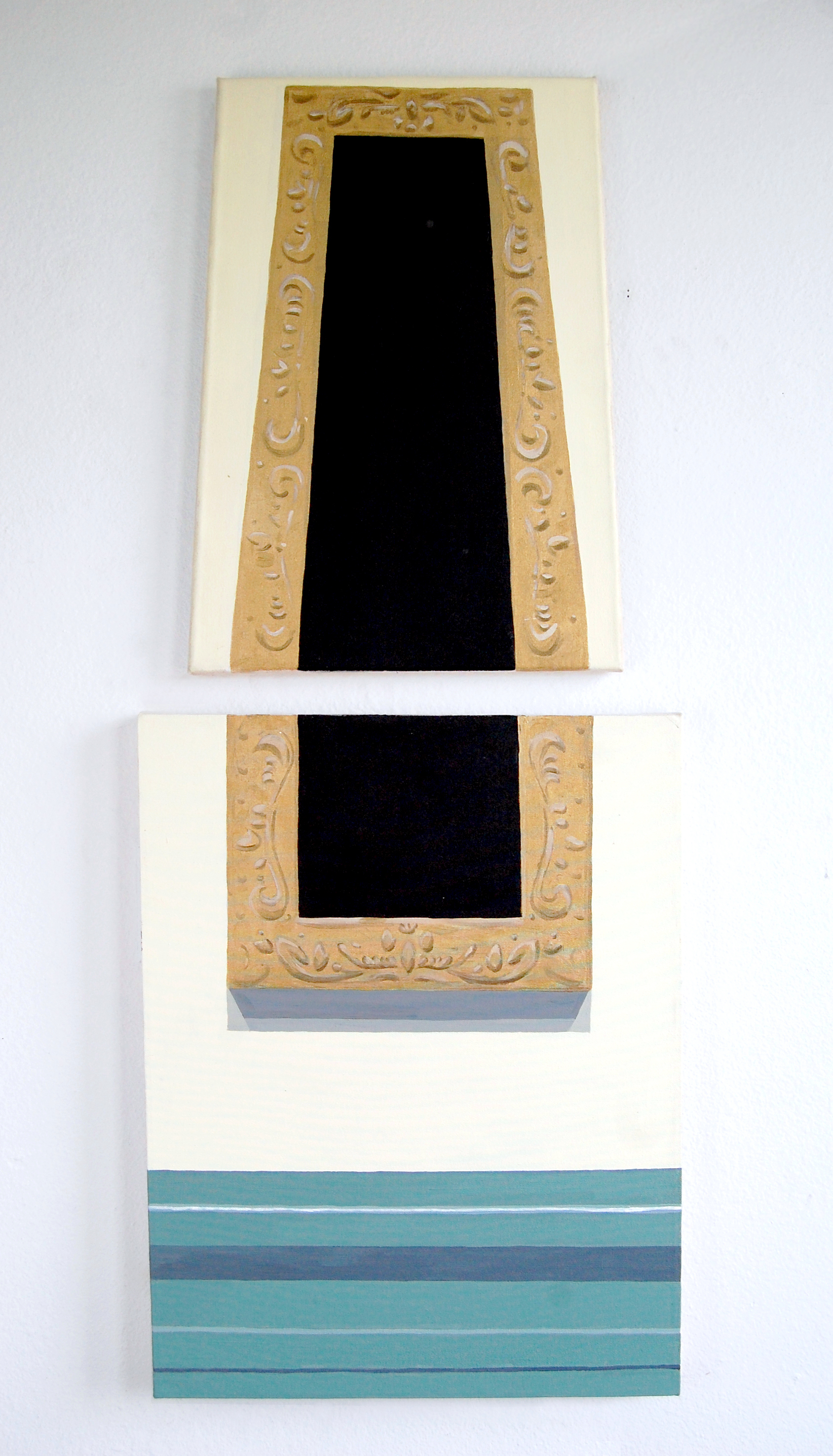 Two canvas stacked on top of each other. 
            The top canvas is distorted so that the top is narrower than the bottom. The image depicted is an ornate museum frame 
            hanging on a wall.
