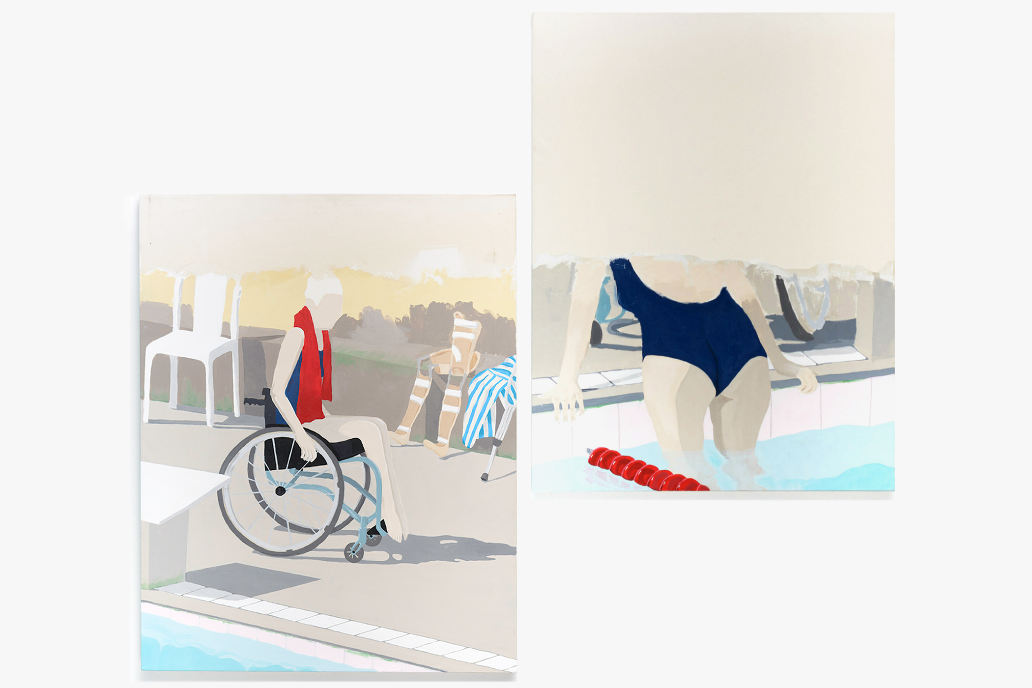RTwo rectangular acrylic paintings
            hung next to each other. The left painting
            depicts a pale-skinned woman in a manual wheelchair near a pool.
            Behind her, are long leg braces, a striped towel, and an arm
            crutch leaning on a bench. The painted part of the canvas ends in an
            irregular, uneven line about 40 inches up from the bottom, with the
            top 8 inches left as raw, unprimed and unpainted canvas. The right
            painting has this same irregular line with raw
            canvas above it, but the division between the painted and unpainted
            parts happens about 20 inches up from the bottom. The right painting
            depicts the same woman lifting her body out of the pool with her back towards us.
            The bottom part of her wheelchair is visible on the pool deck. The two paintings are hung staggered next to each so that the
            ragged lines and unpainted raw canvas parts line up.