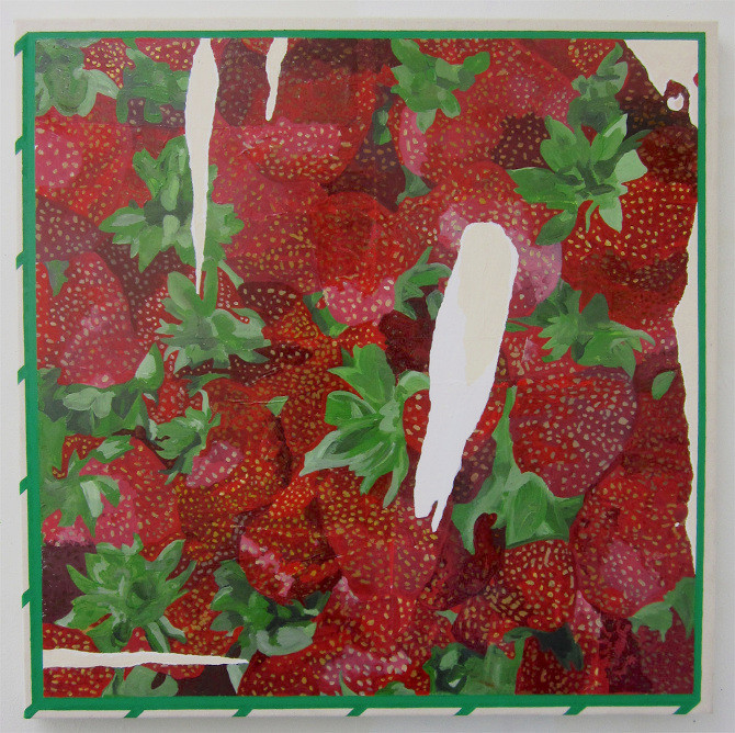 Painting of paper 
            printed with stravberry design, outlined in green lines resembling berry basket 
            from the grocery store