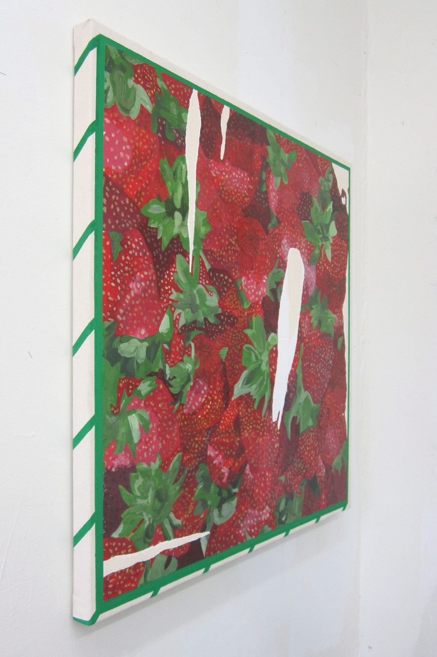 Painting of paper 
            printed with stravberry design,
             outlined in green lines resembling berry basket from the grocery store.