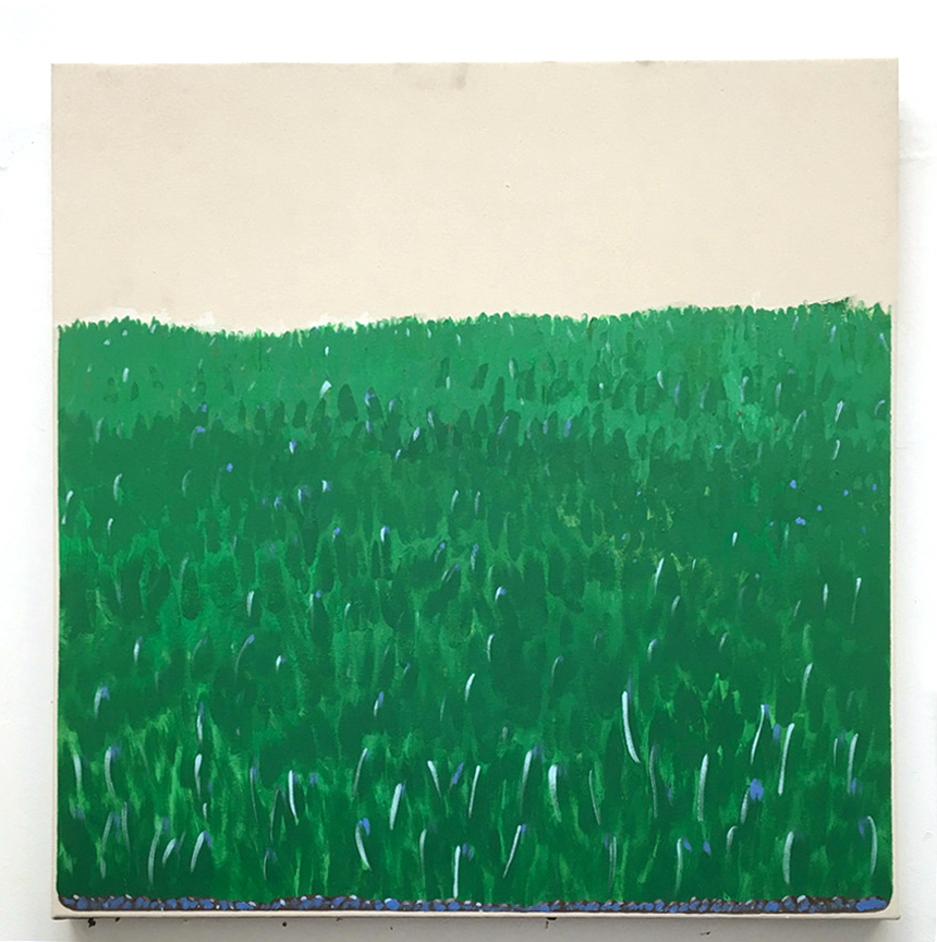 Square 
          canvas painted green field about 3/4 of the way up. The top of the 
          canvas is blank.