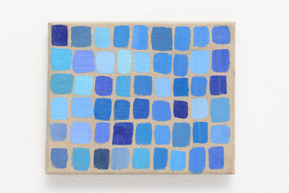 Small painting of several small blue squares in various shades of blue.